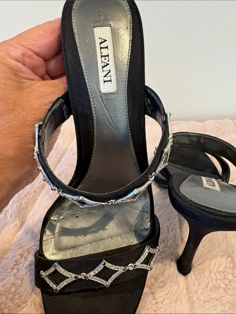 Alfani Black Satin Crystal-Accent High Heel Slides